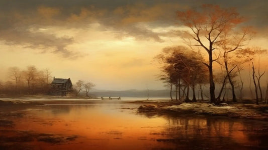 Landscape Art Print: Golden Lakeside Cottage Collection