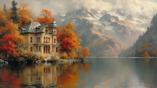 Landscape Art: Alpine Lakeside Manor Print