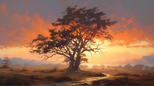 Landscape Art: Ancient Tree Sunset Art Print