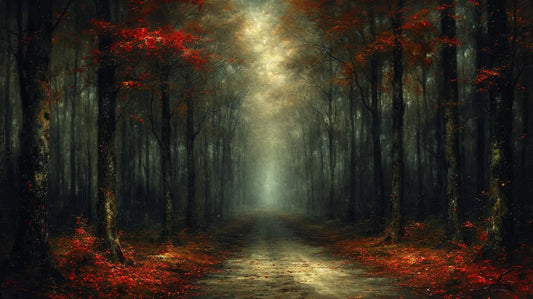 Landscape Art: Crimson Forest Path Art Print