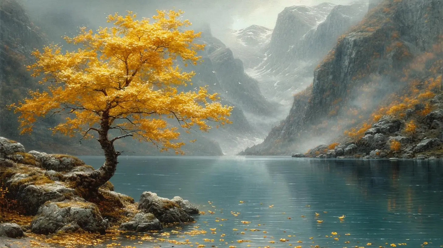 Landscape Art: Golden Mountain Lake Art Print