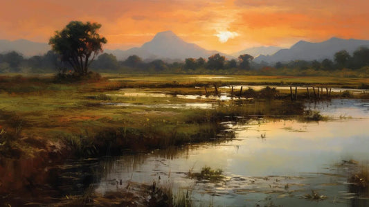 Landscape Art: Golden Wetland Mountain Art Print