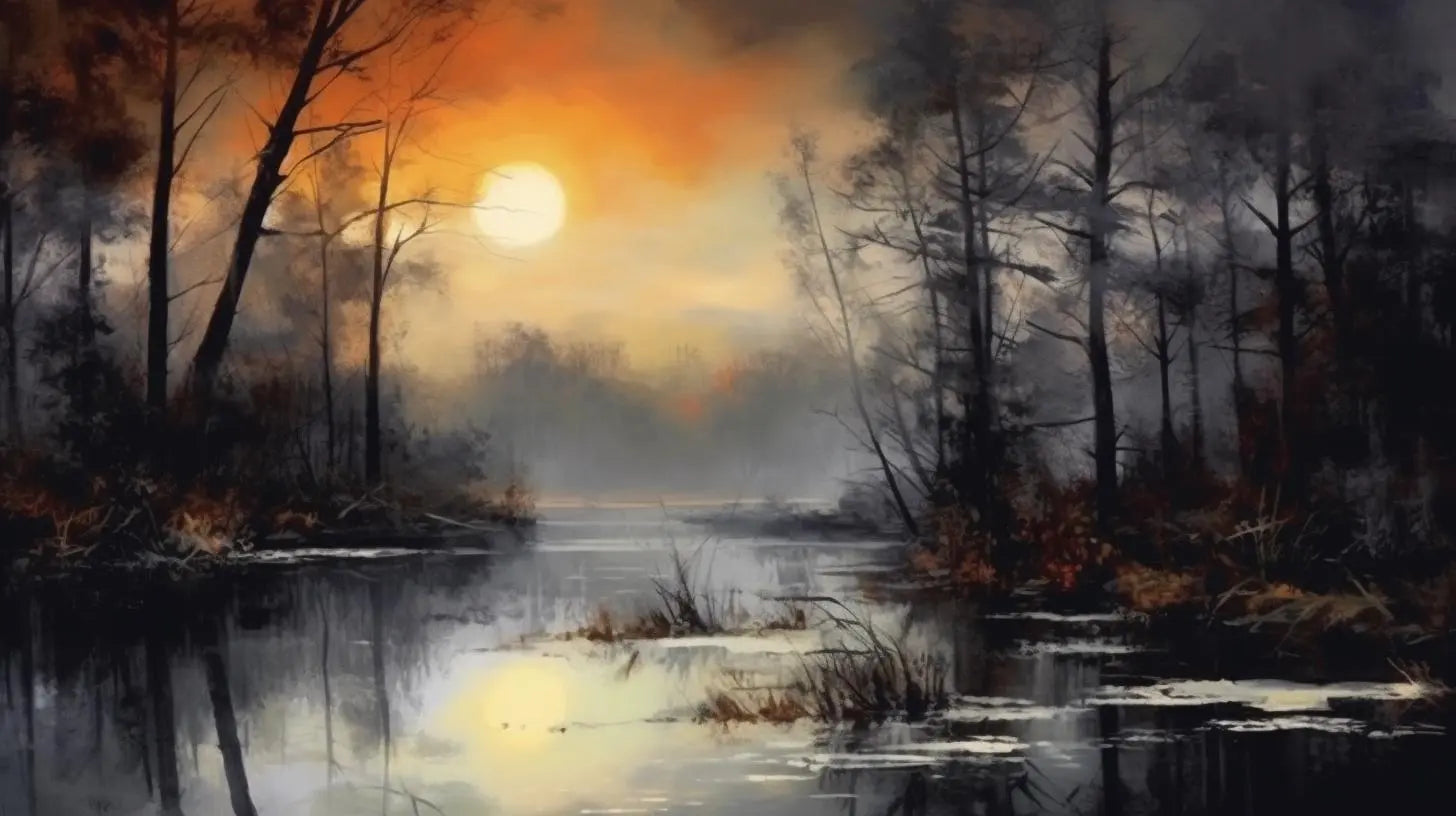 Landscape Art: Misty Forest Lake at Golden Sunset