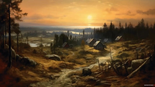 Landscape Art: Nordic Village Sunset Art Print