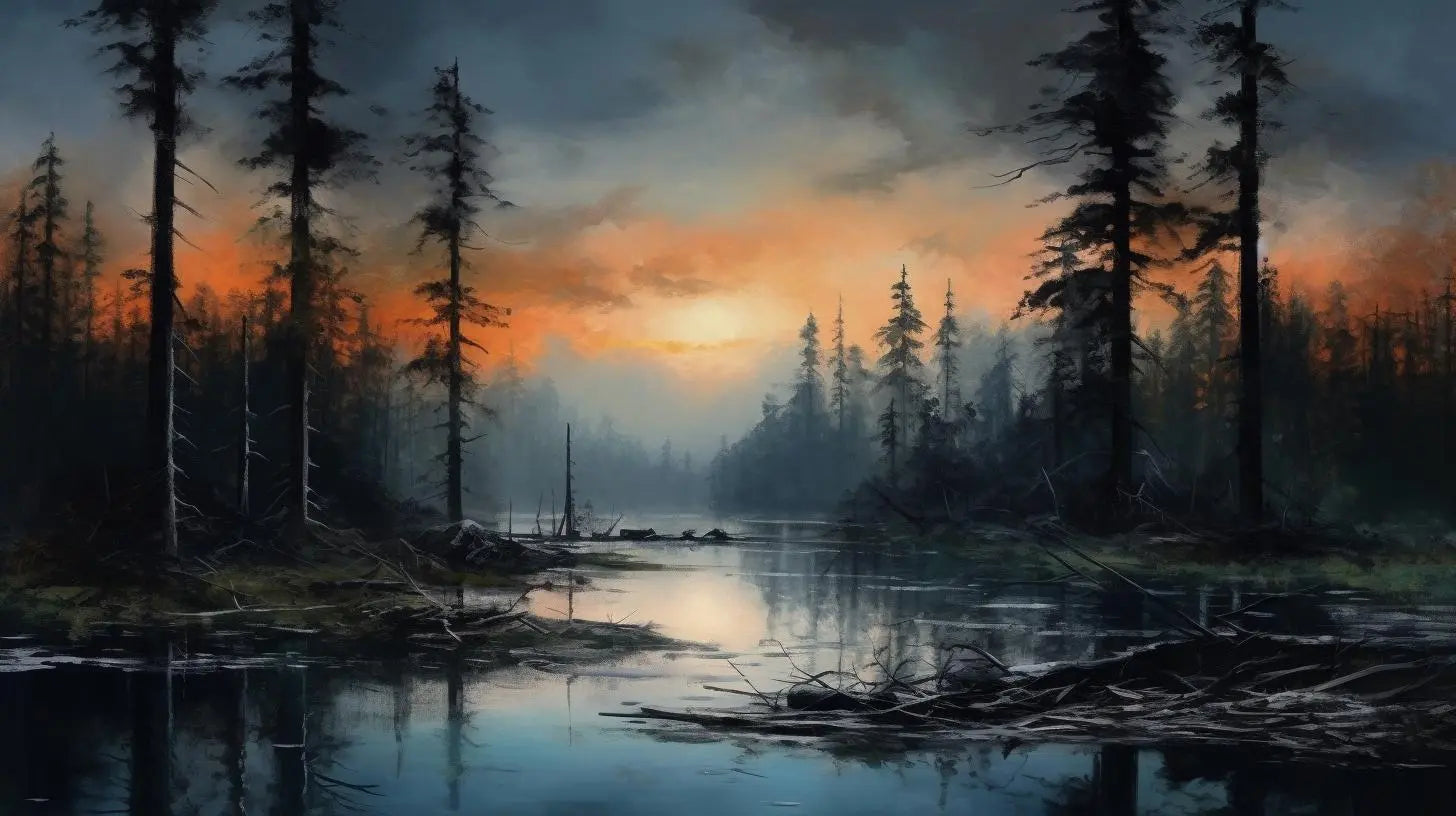 Landscape Art: Pine Forest Lake Sunset Art Print