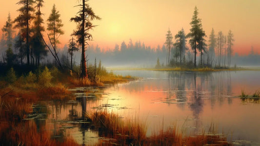 Landscape Art: Pine Lake Morning Mist Art Print