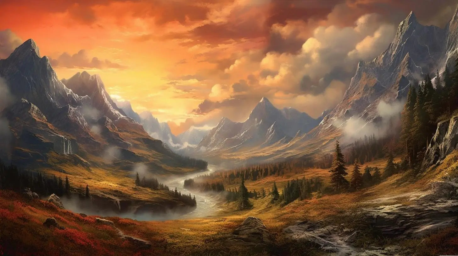 Landscape Art: Sunset Valley Mountain Range Art Print